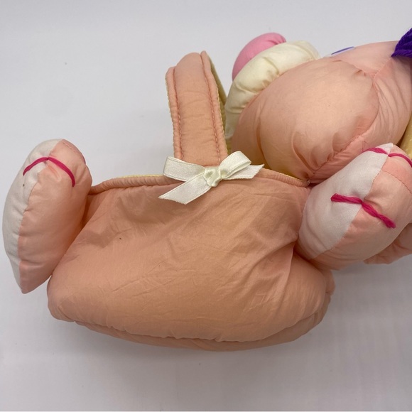 Vintage Pink Yellow Nylon Parachute Plush Bunny Easter Basket Puffalump Style - Picture 10 of 14
